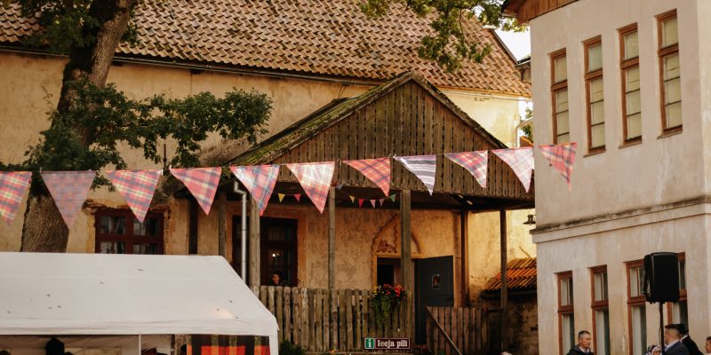 Festīva aina Alsungā ar senām ēkām un cilvēkiem, virs kuras karājas pleda raksta karodziņu virtene. Priekšplānā balta telts, bet pie koka nojumes redzama zīme ar uzrakstu "i ieeja pils".